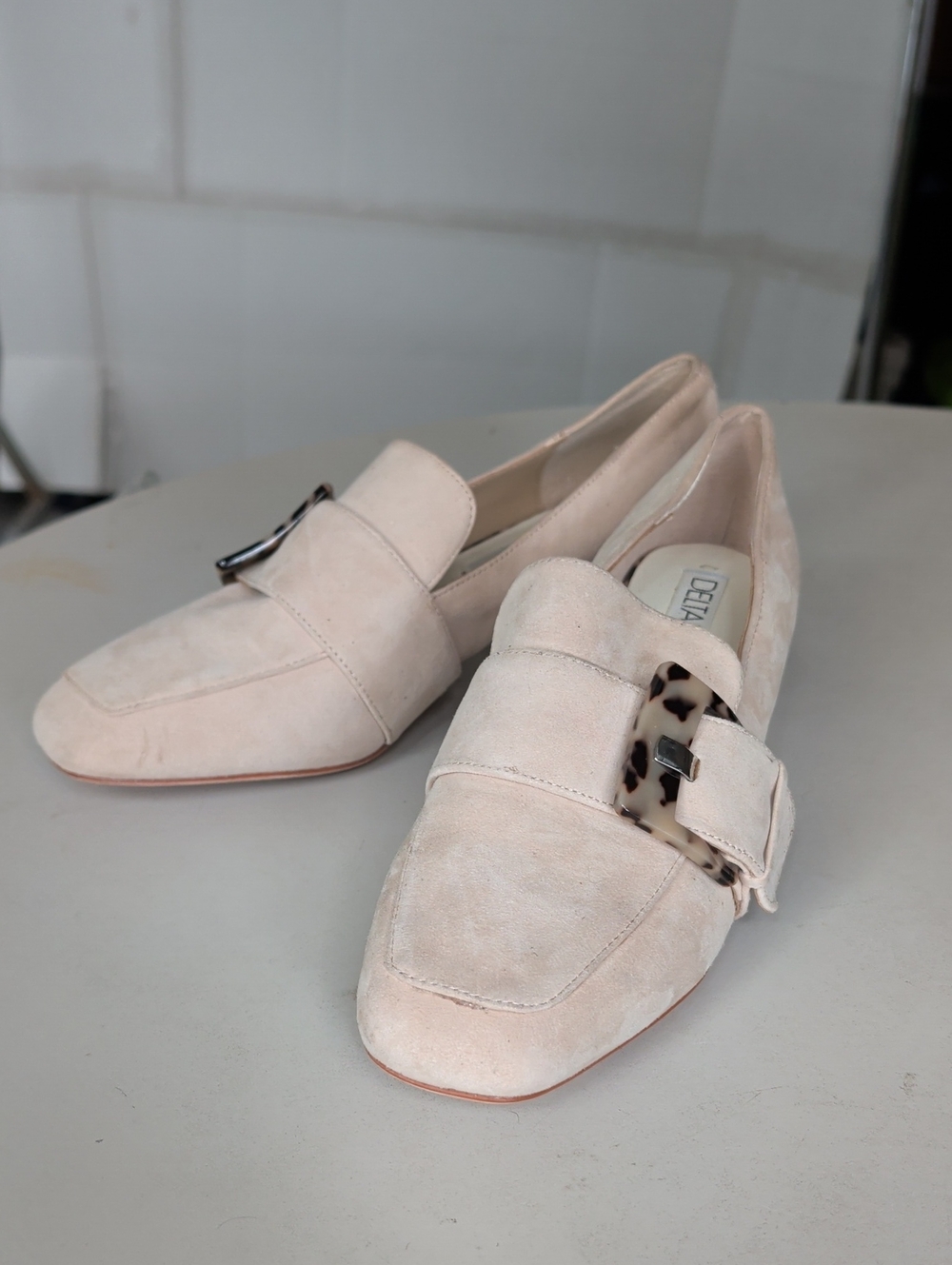 Deltan Suede Buckle Loafers Shoes  Beige SZ 8.5 Chic Neutral Academia Office